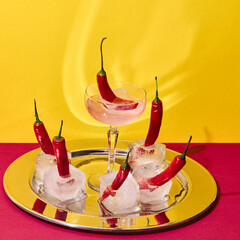 Chili peppers and cocktail glass on silver tray with ice cubes and colorful backdrop. Concept of gourmet drink styling, pop art surrealism, party visuals, bold food branding.