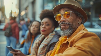Obraz premium A stylish senior man with a gray beard, hat, and orange sunglasses looks confidently at the camera while sitting with two women, exuding a cool, relaxed vibe in a busy urban setting