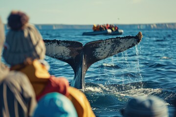 A whale's tail fluke majestically emerges from the ocean, splashing water as a diverse group of tourists on a whale-watching boat looks on in awe, with another vessel in the distance