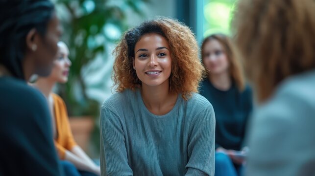 A smiling young woman with curly hair participates in a support group or therapy session, listening with an engaged and positive expression, fostering a sense of community and connection