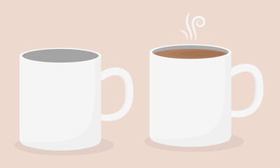 Empty white mug and white mug with coffee, vector eps10 illustration