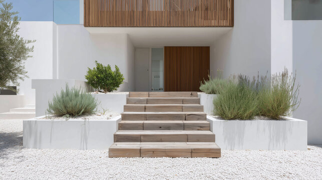 Minimal front shot of clean white house with wooden balustrade and stairs surrounded by green plants and white gravel, creating calm and modern outdoor entrance