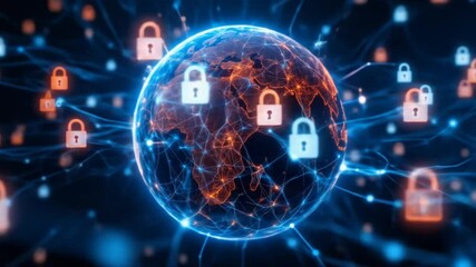 Global network security concept, featuring the Earth with interconnected glowing lines representing internet connections, overlaid with a padlock icon. 4k video - Powered by Adobe