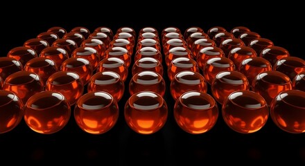 Fototapeta premium Rows of amber spheres reflected on a black surface, abstract design composition