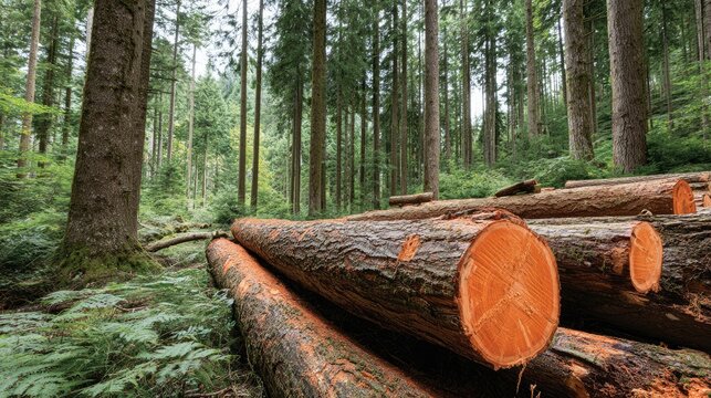Wood is being sawed with an electric chainsaw amidst a forest clearing on a bright sunny day with a large tree trunk and four wheelbarrows nearby