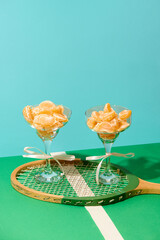 Tangerine wedges in glasses on vintage tennis racket over green and blue pastel background. Concept of pop art food styling, freshness in sport context, minimal healthy lifestyle.