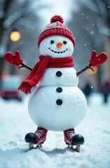 Snowman wearing ice skates, red scarf and hat enjoying winter day