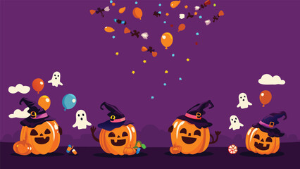 Cartoon halloween scene with pumpkins wearing witch hats and floating ghosts and balloons above them