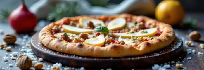 Delicious pizza with pears, walnuts, and cheese resting on wooden board