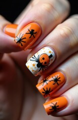 Halloween nail art design featuring spiders and pumpkins