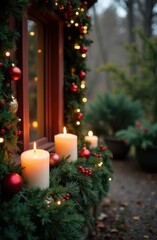Burning candles and christmas decorations adorning a window sill