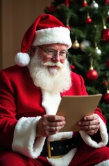 Santa claus reading christmas letter near decorated tree