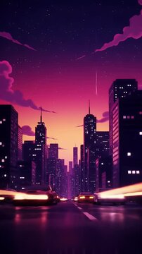 Anime Cityscape at Night with Light Streaks and Pink Sunset Under a Starry Sky in Vertical View