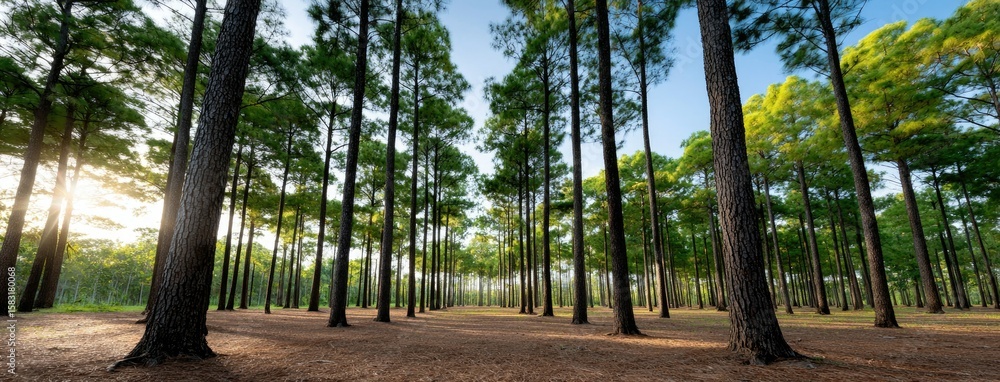 Poster sunlight filters through tall trees in a panoramic pine tree grove at sunrise in india, creating a s
