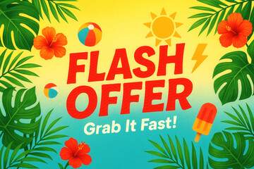 Vibrant summer-themed design featuring "Flash Offer" text surrounded by tropical leaves, hibiscus flowers, a sun, beach balls, and a popsicle, conveying a lively promotional message.