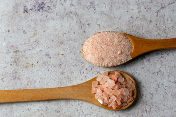 Fine and Coarse Himalayan Pink Salt in Wooden Spoons