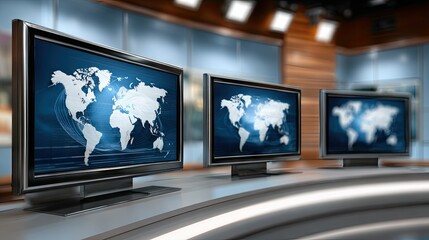 Fototapeta premium Dynamic blurred background of a modern TV studio featuring multiple screens and a vibrant news banner ideal for creative projects and virtual applications