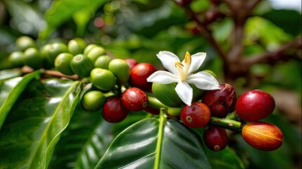 Obraz premium Close-up of coffee cherries and blossoms on a branch.
