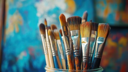 Paintbrushes in a glass jar. Blurred art background