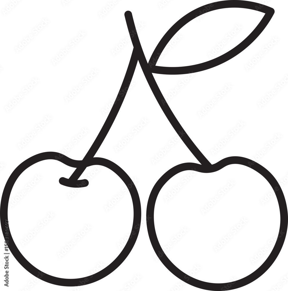 Poster cherry fruit outline black simple minimal line leaf isolated transparency background