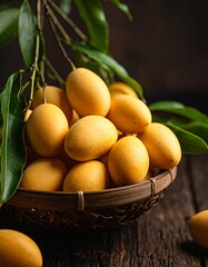 Fresh ripe yellow mangoes in wicker basket with leaves on rustic wooden table