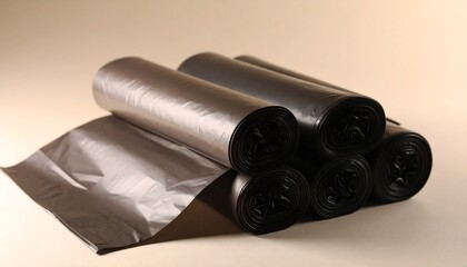 Arrangement of Rolled Black Trash Bags on Beige Background