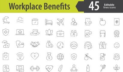 Workplace Benefits Line Icons, Health Insurance, Paid Vacation, Remote Work, Bonuses, Wellness Program, Editable Formats: AI, EPS, PNG, Ideal for Both UI and Print Media Use
