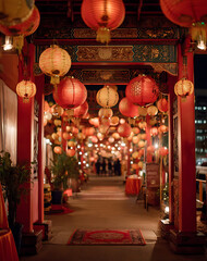 Red and Yellow Lanterns Illuminate Festive Pathway at Night