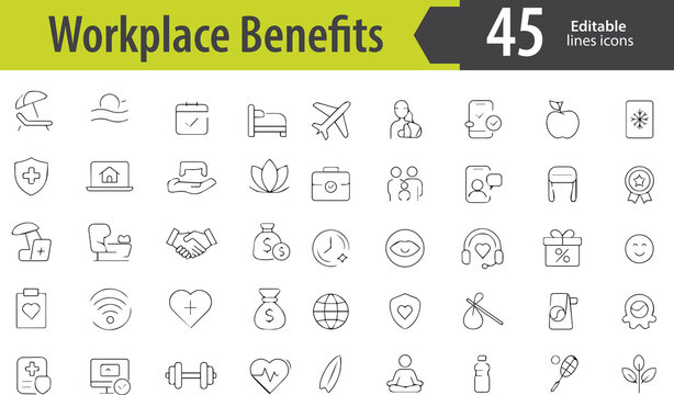 Workplace Benefits Line Icons, Health Insurance, Paid Vacation, Remote Work, Bonuses, Wellness Program, Editable Formats: AI, EPS, PNG, Ideal for Both UI and Print Media Use
