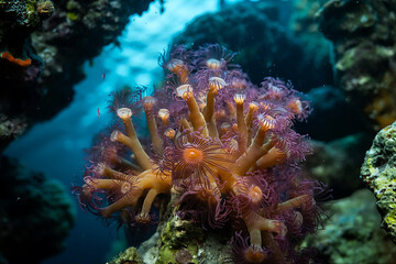 Obraz premium Vibrant underwater coral reef with colorful sea anemones and delicate tentacles