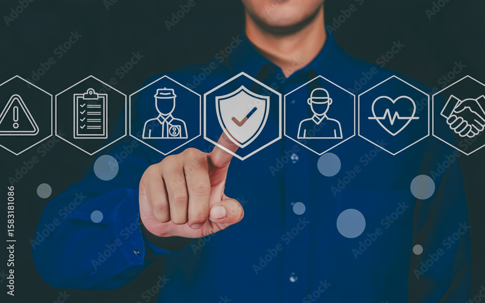 Poster hand selects security shield icon on digital interface
