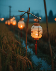 Row of Illuminated Festive Lanterns Adorn Rice Paddy Field at Twilight in Rural Setting