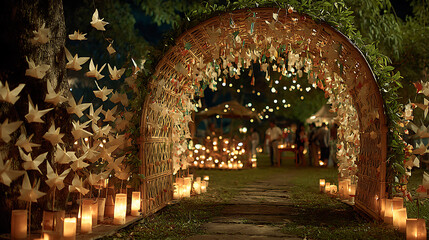 Romantic Outdoor Wedding Arch with Paper Cranes and Candlelit Garden at Twilight