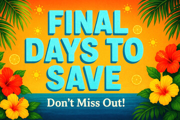 Vibrant tropical-themed promotional design featuring bold blue text "Final Days to Save" against an orange sunset background, adorned with hibiscus flowers and palm leaves.