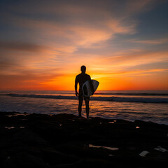 Fototapeta premium A silhouette of a surfer holding a surfboard on the beach at sunset. A concept for a surfing lifestyle, summer vacations, and ocean sports.