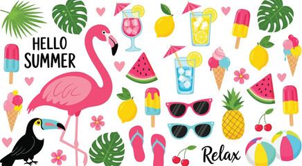 Vibrant summer elements including flamingo, toucan and tropical treats