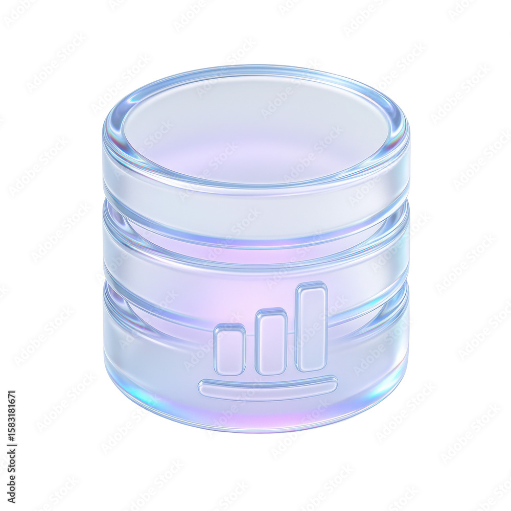 Poster transparent 3d icon of a database with futuristic neon glow for technology and data management conce