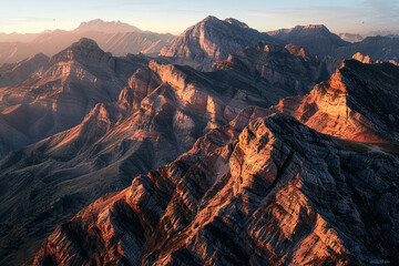 Early morning light illuminating a rugged mountain range, the warm colors of the sunrise casting long shadows and creating a breathtaking scene
