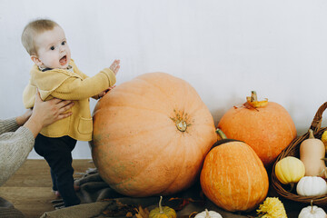 Cute happy baby boy standing at pumpkins, autumn leaves and flowers. Fall harvest. Happy...