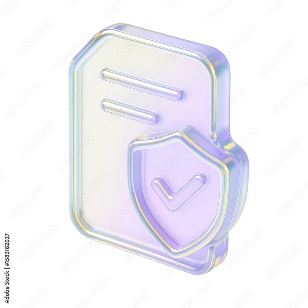 Poster 3d iridescent icon of a document with a security shield symbolizing data protection and cybersecurit