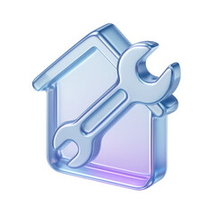 Semitransparent crystal icon of Glossy 3D transparent icon of a house with a wrench, symbolizing home repairs or construction services on a transparent  background