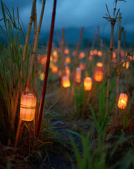 Warm Lanterns Hanging On Bamboo in Grassy Field at Night with Soft Glowing Light