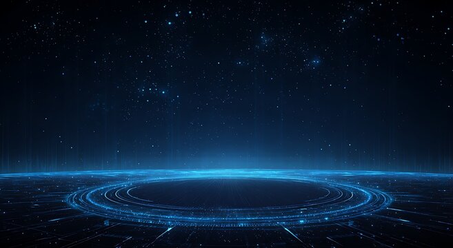 Futuristic blue technology background with circular digital elements, glowing halo center, starry night sky, abstract circuit lines, blank space for product display, sci-fi exploration concept design. - Powered by Adobe