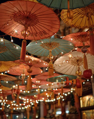 Vibrant Hanging Umbrellas and String Lights Festive Nighttime Decoration
