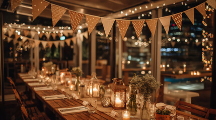 Warm Light and Festive Bunting Illuminate a Wooden Table at an Indoor Party