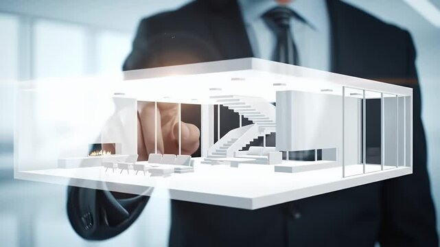 Man in Dark Suit Presenting 3D Architectural Model with Geometric Design Elements in Bright Room with Blurred Background for Adobe Stock Photo