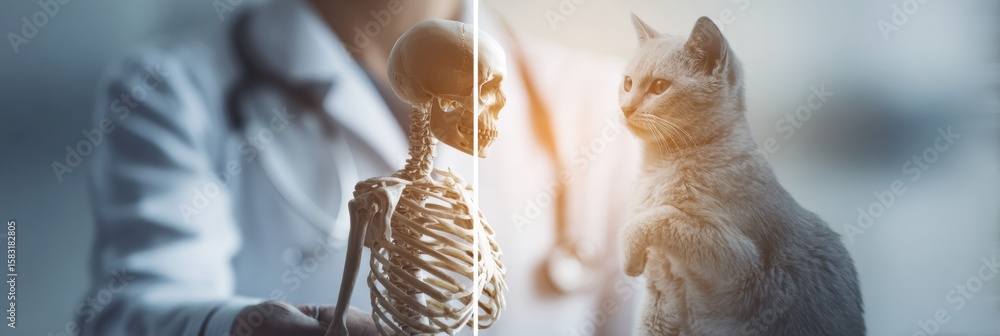 Poster vet demonstrates anatomical comparison of human and cat skeletons with a visible difference between 
