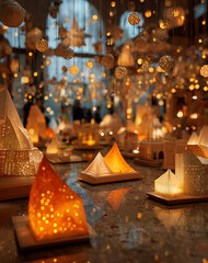 Warm Lighting Over Paper Crafted Pyramid Shape Decorative Ornaments on Tabletop