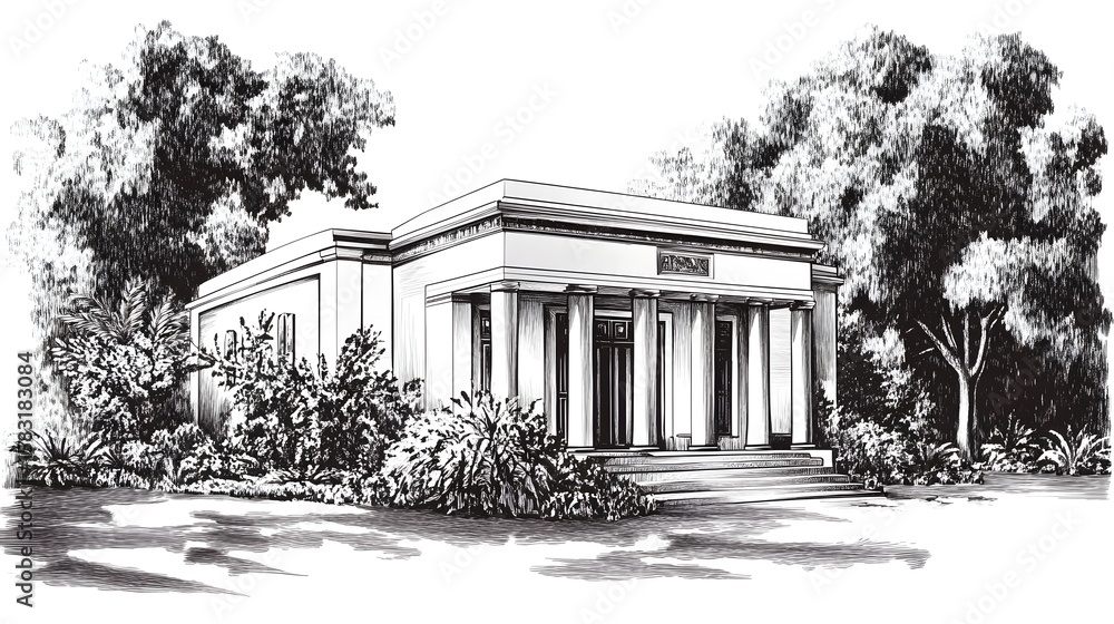 Poster architectural sketch of a classical style building with landscaping.