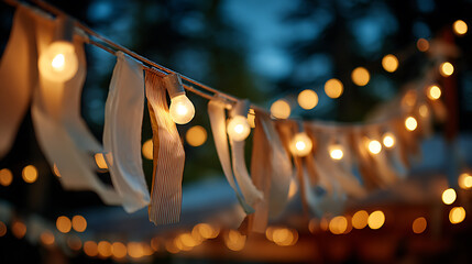 Warm String Lights and Decorative Ribbons Create a Festive Outdoor Atmosphere at Night